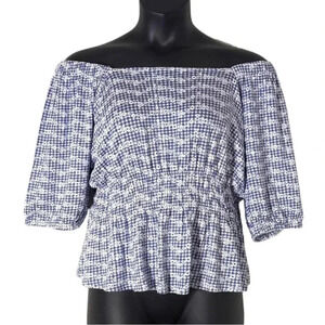 Size 1X Belldini Blue and White  Gingham Embroidered Peplum Top